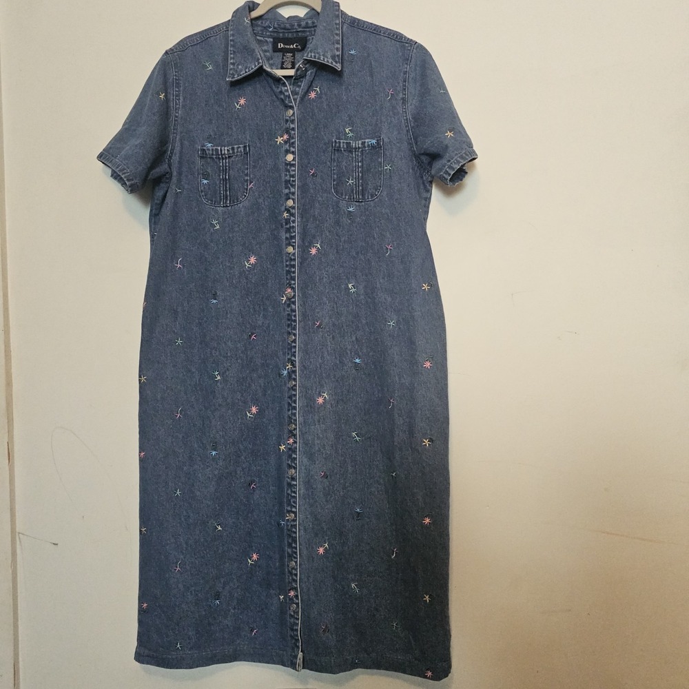 Vintage 90s Turquoise Blue Denim Floral Dress Large 100% Cotton Tshirt Dress - Picture 2 of 10